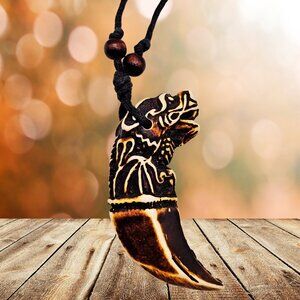 Tribal Carved Resin Claw Pendant Necklace – Adjustable Cord
